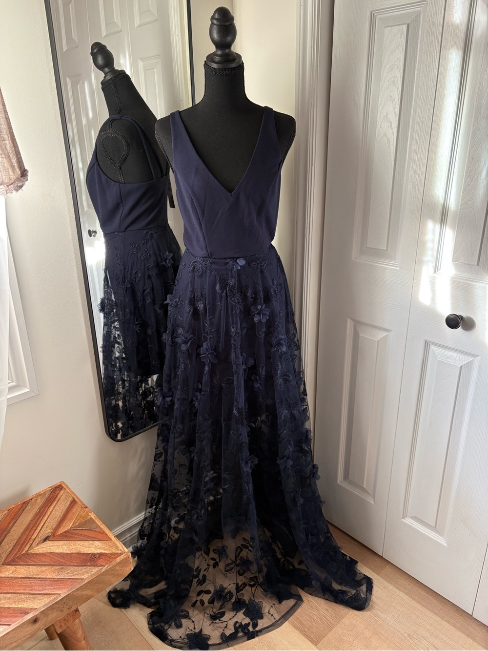 le chateau Navy V-Neck Maxi Dress with Floral 3D Appliqué